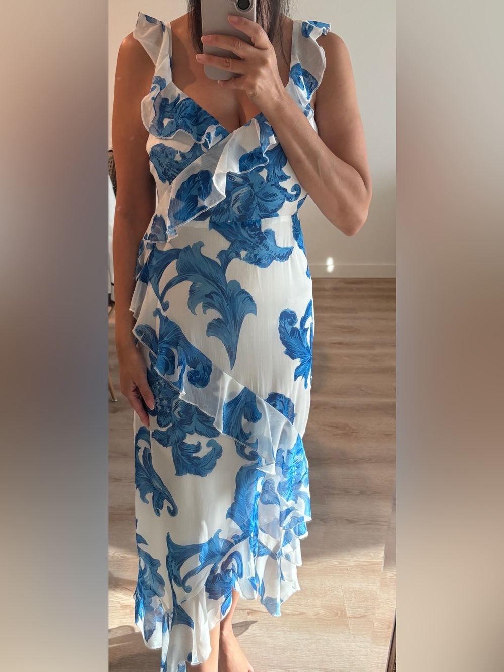 Sam Edelman White Dress with Blue Floral Ruffle High-Low Hem